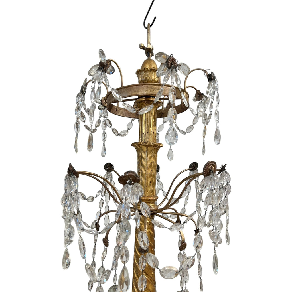 Tara Shaw 18th century Genoese chandelier with aged gold finish, scrolling arms, and cascading crystal teardrops.