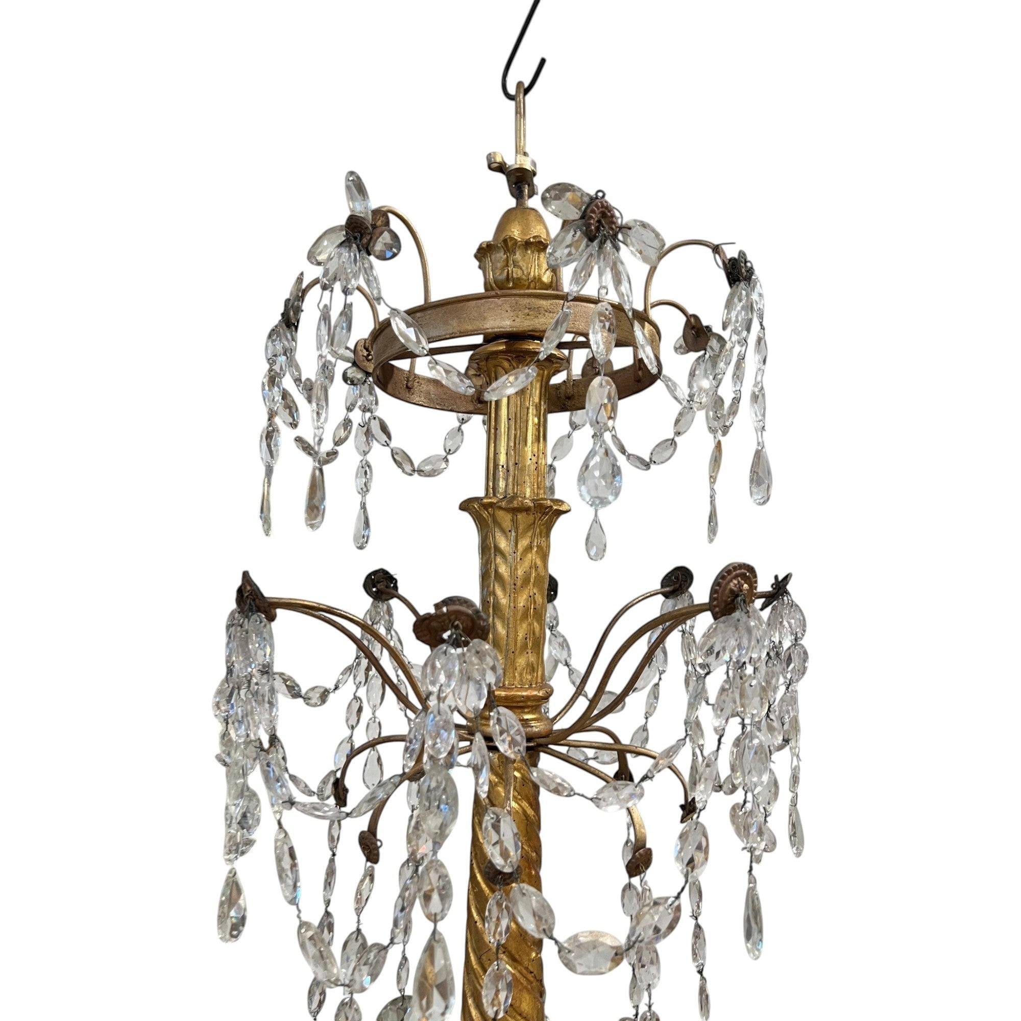 Tara Shaw 18th century Genoese chandelier with aged gold finish, scrolling arms, and cascading crystal teardrops.