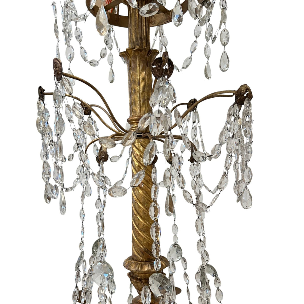 Tara Shaw 18th century Italian Genoese chandelier with aged gold finish, scrolling arms, and cascading crystal drops.