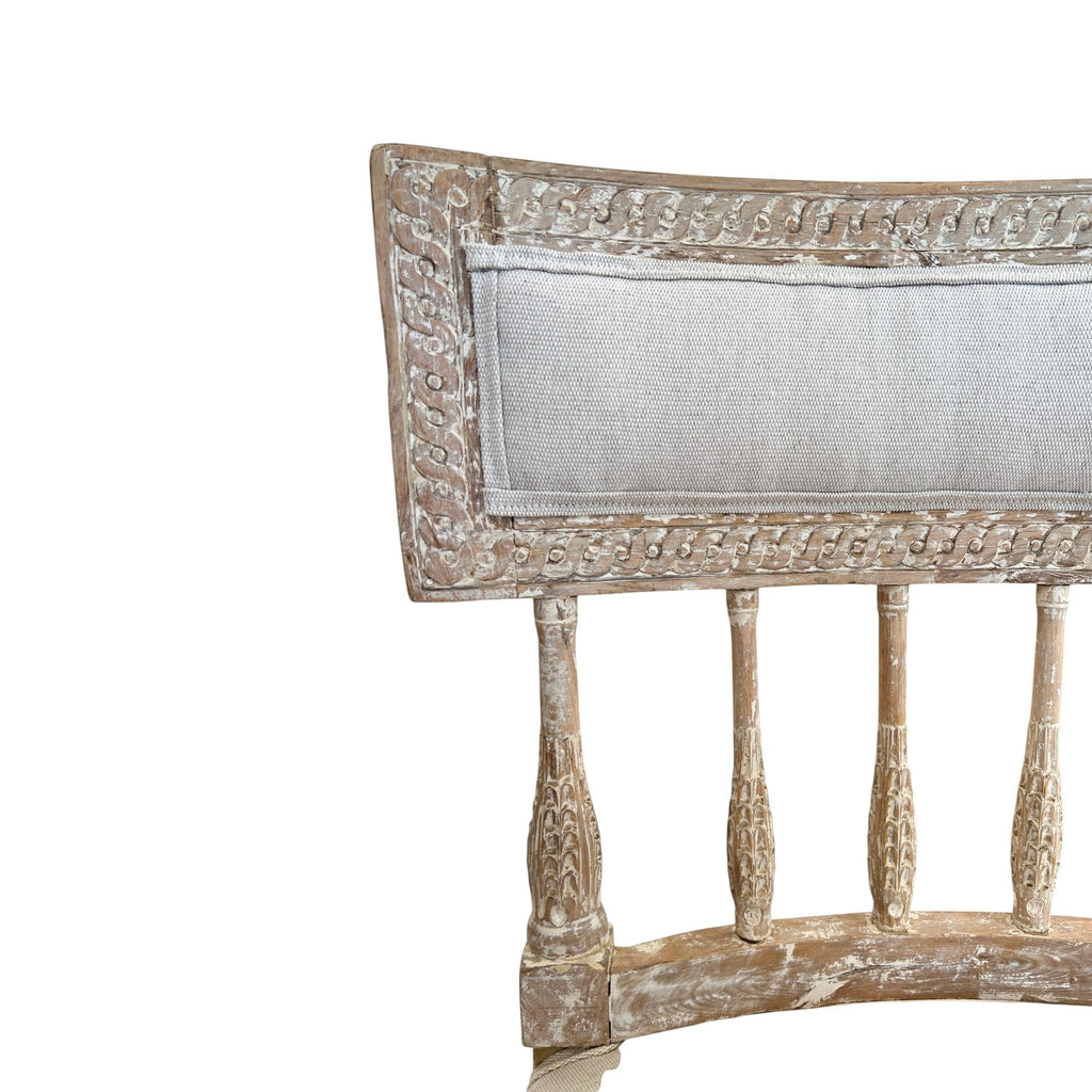 Tara Shaw 18th century Swedish Gustavian chair back with carved wood details and light grey linen upholstery