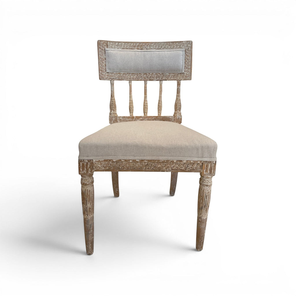 Tara Shaw 18th century Swedish Gustavian chair with carved wood frame and neutral linen upholstered seat