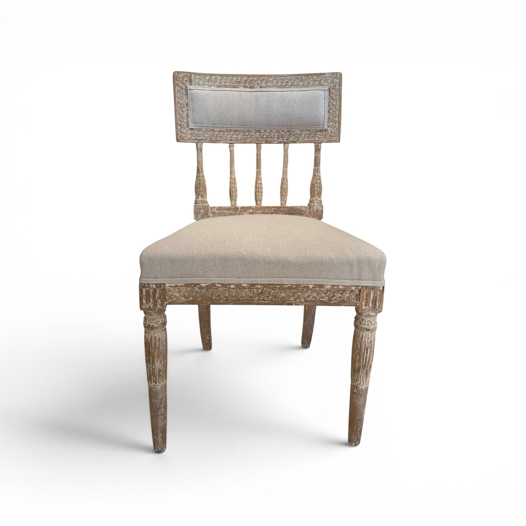 Tara Shaw 18th century Swedish Gustavian chair with carved wood frame and neutral linen upholstered seat