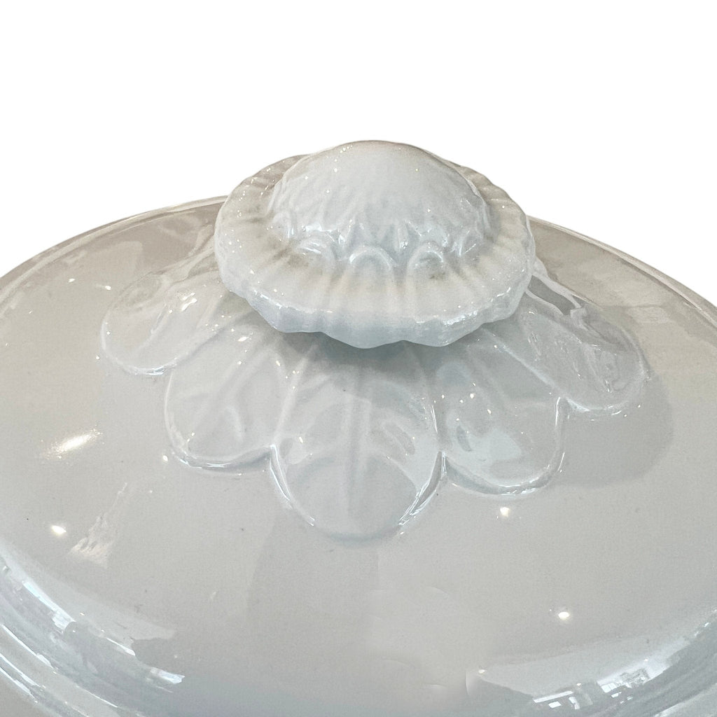 Tara Shaw 19th century white ironstone tureen lid featuring a detailed sunflower rose finial and glossy finish.