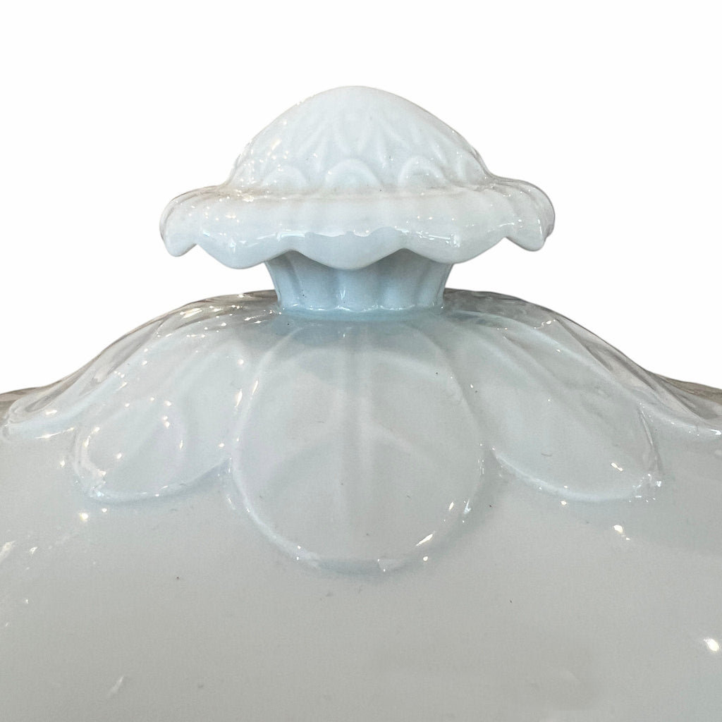 Tara Shaw 19th century white ironstone tureen lid featuring a detailed sunflower rose finial and glazed finish.
