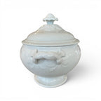 Tara Shaw 19th century white European ironstone tureen with lid featuring a sunflower rose finial and twisted handles.