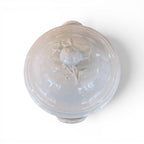 Tara Shaw 19th century white ironstone tureen with lid featuring a sculpted rose finial, top-down view.
