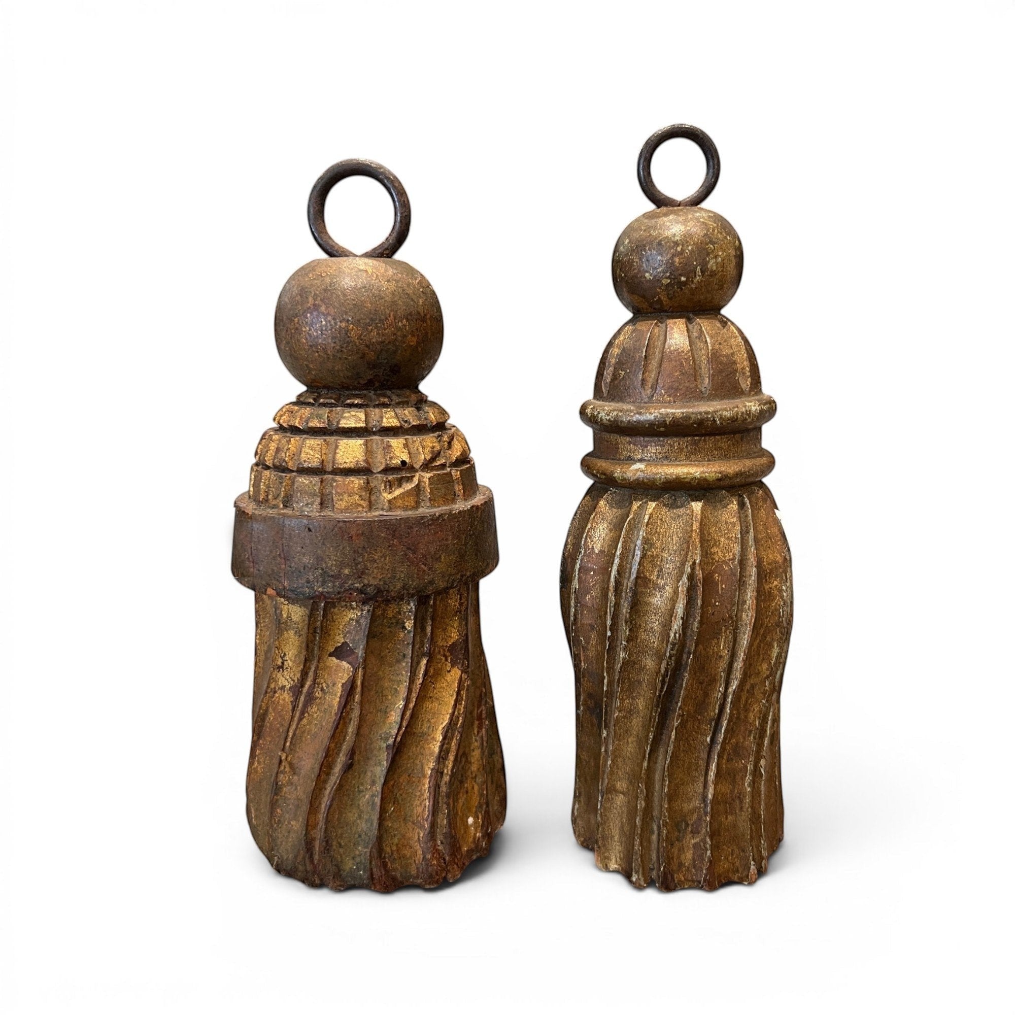 Pair of Tara Shaw 19th century Italian carved wooden tassels with a rich, timeworn patina and metal hanging rings.