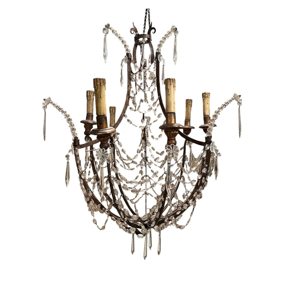 Tara Shaw 19th century Italian Empire chandelier with a giltwood and iron frame and draped crystal basket accents.