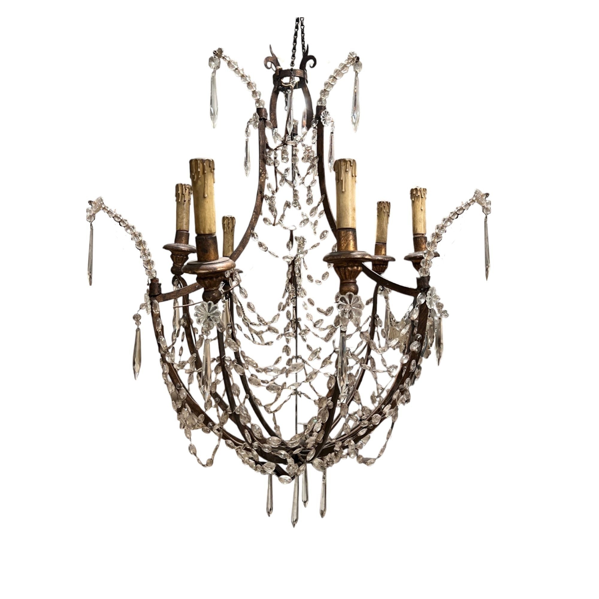 Tara Shaw 19th century Italian Empire chandelier with a giltwood and iron frame and draped crystal basket accents.
