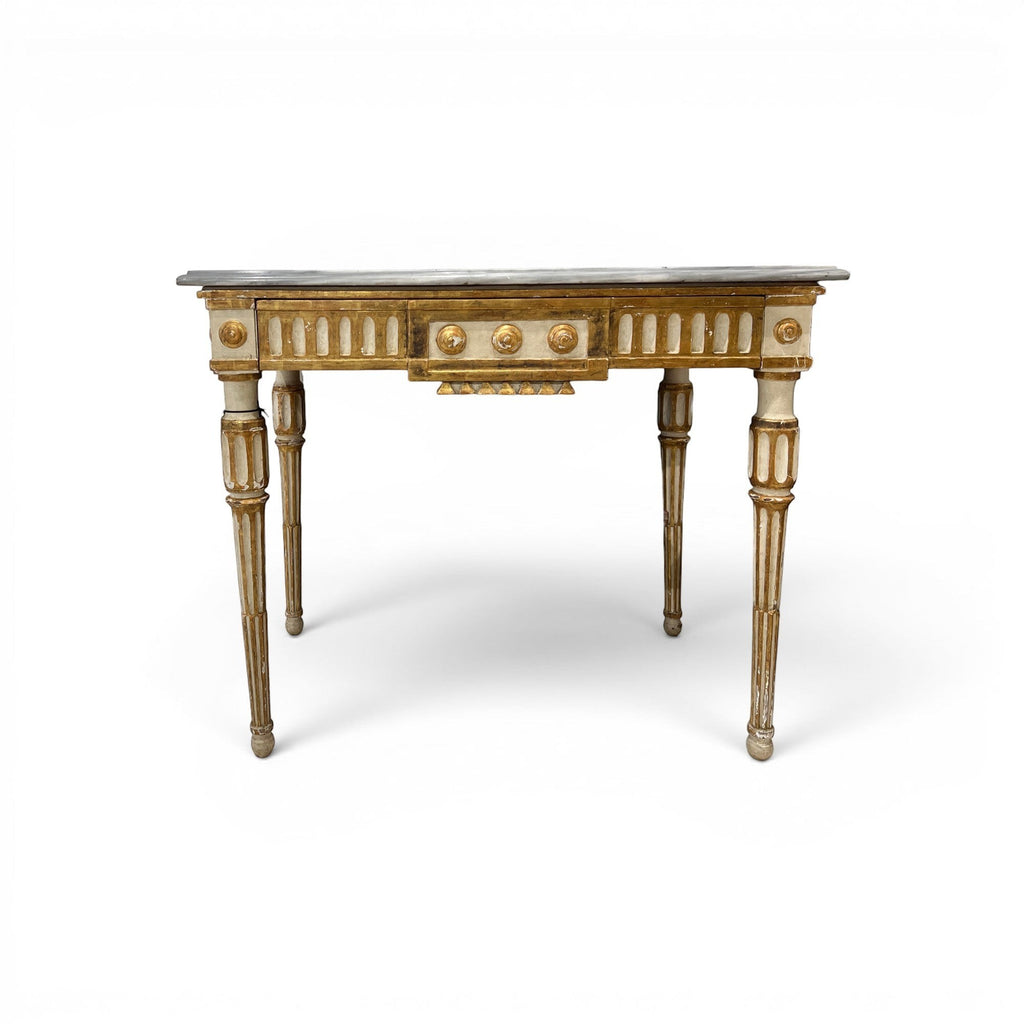 Tara Shaw 18th-century Italian Louis XVI console table with a grey marble top and gold-accented neoclassical frame.