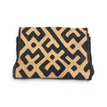 Tara Shaw authentic African Kuba cloth long runner featuring intricate black and beige geometric handwoven patterns.
