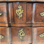 Tara Shaw 18th-century French Louis XV walnut commode featuring original ornate bronze hardware and aged wood patina.
