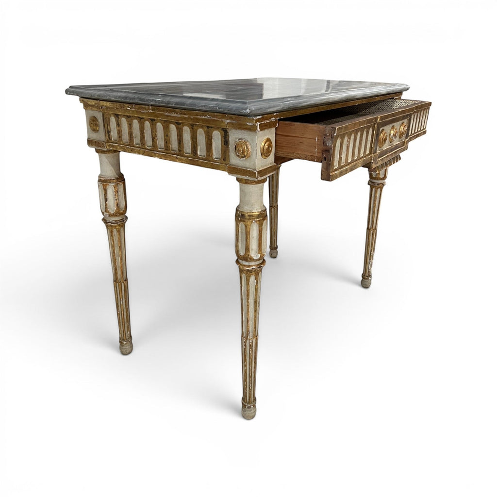 Tara Shaw 18th-century Italian Louis XVI console table with a grey marble top and gold-accented white wooden frame.