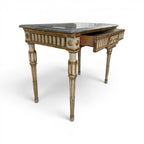 Tara Shaw 18th-century Italian Louis XVI console table with a grey marble top and gold-accented white wooden frame.