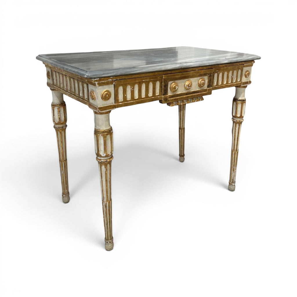Tara Shaw 18th-century Italian Louis XVI console table with a grey marble top and distressed gold and white finish.