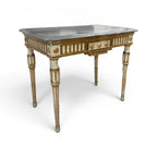 Tara Shaw 18th-century Italian Louis XVI console table with a grey marble top and distressed gold and white finish.