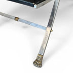 Tara Shaw vintage Maison Jansen folding chair with black leather seat and brass claw feet detail