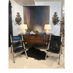 Tara Shaw pair of vintage Maison Jansen folding chairs with black leather seats and brass-toned metal frames