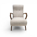Tara Shaw mid-century Italian chair with cream bouclé upholstery and dark wood curved arms and tapered legs