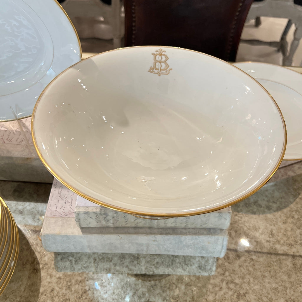 Tara Shaw French china bowl with gold rim and elegant monogrammed B in the center