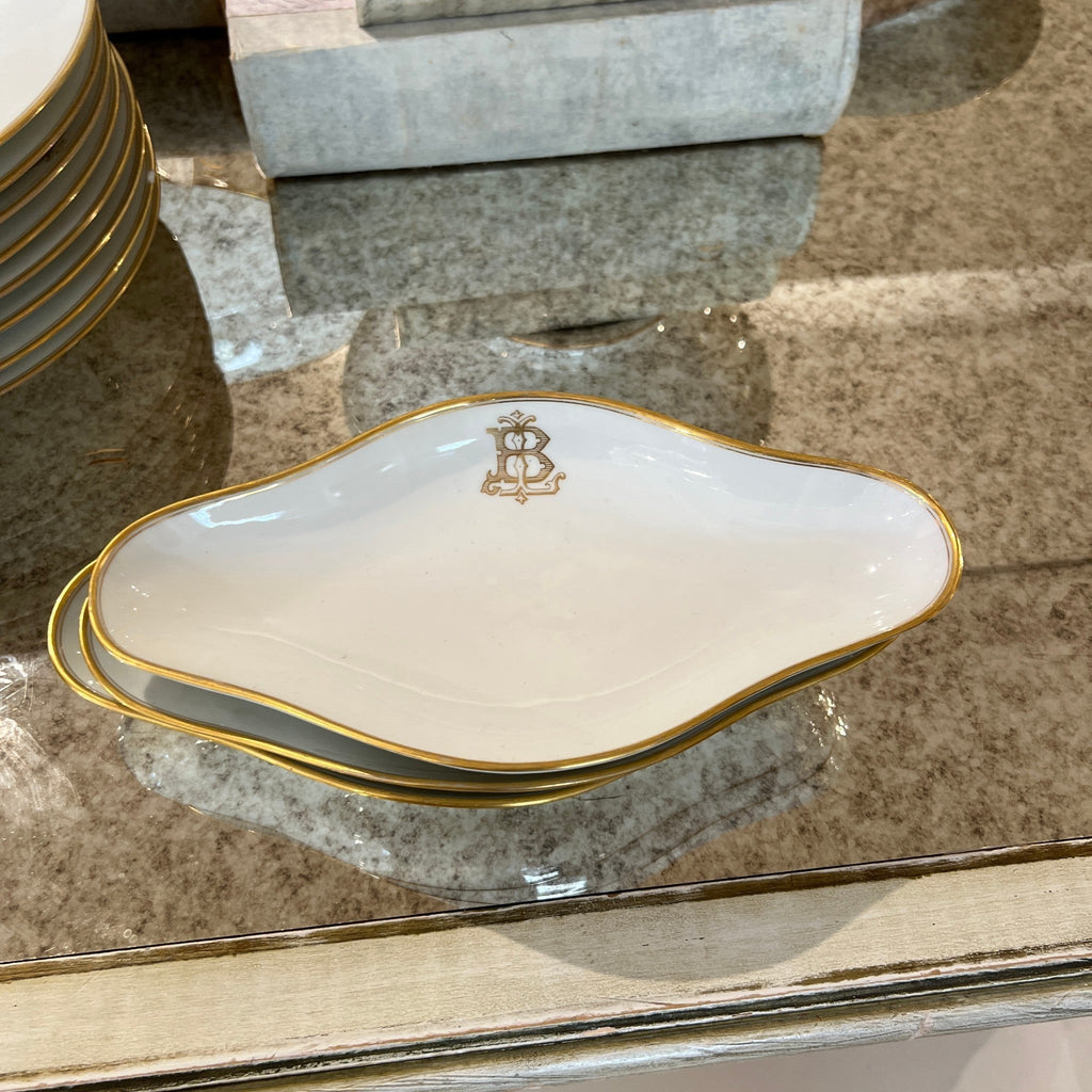 Tara Shaw French china service dish with gold rim and elegant monogrammed B in white porcelain