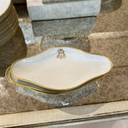 Tara Shaw French china service dish with gold rim and elegant monogrammed B in white porcelain