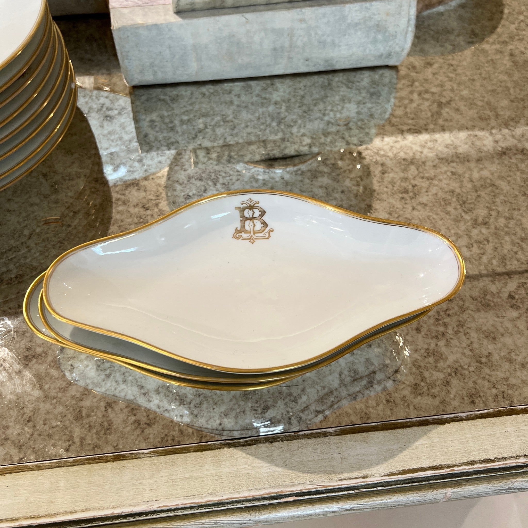 Tara Shaw French china service dish with gold rim and elegant monogrammed B in white porcelain