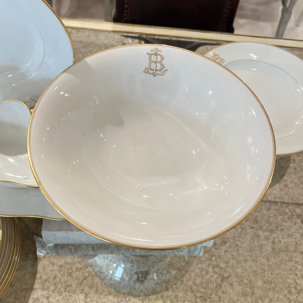 Tara Shaw French china bowl featuring a gold monogrammed B and elegant gold rim detailing on white porcelain.