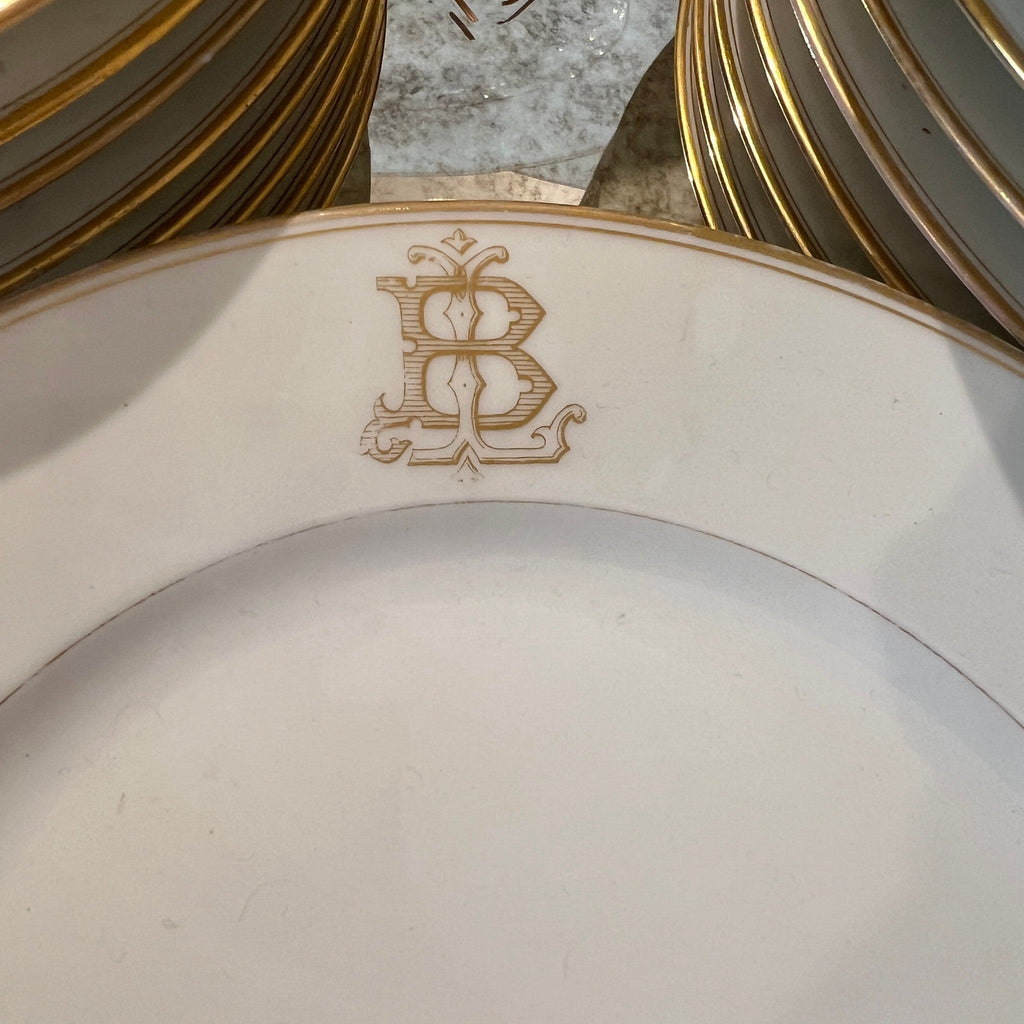 Tara Shaw French china plate featuring an elegant gold monogrammed B and a delicate gold rim.