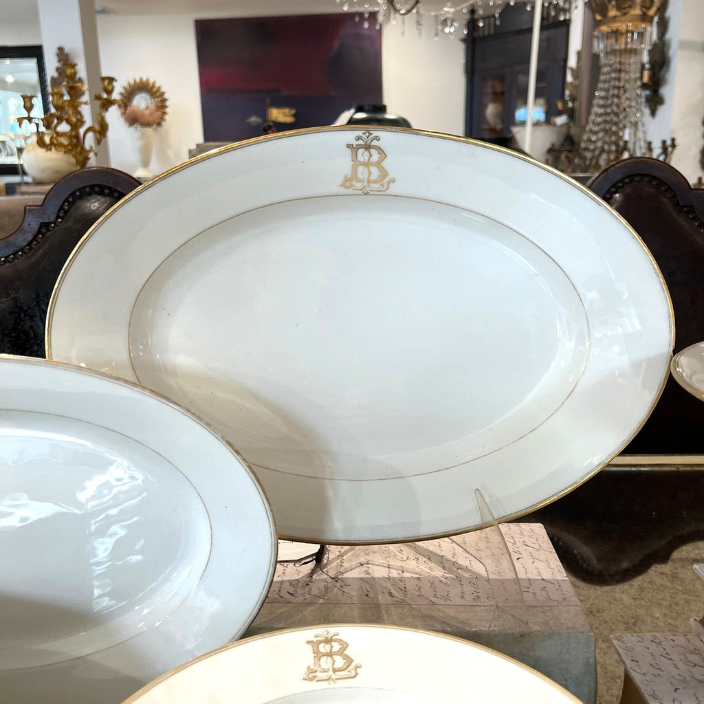 Tara Shaw French china oval serving platter in white with gold trim and an elegant monogrammed letter B