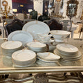 Tara Shaw French china service set with gold monogrammed B detail and elegant gold rim on white porcelain