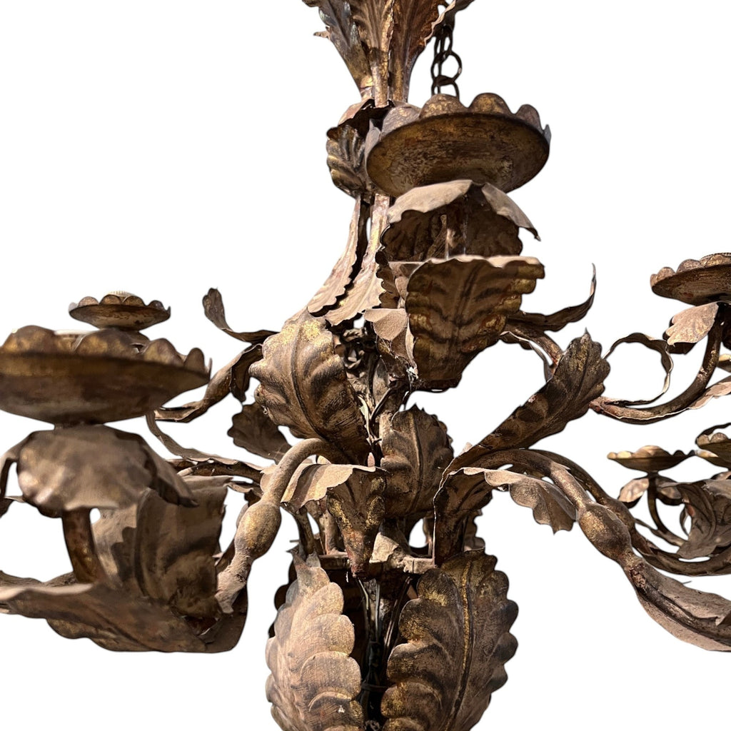 Tara Shaw 18th century Piemontese tole chandelier with aged gold patina, floral metal leaves, and ornate candle cups.