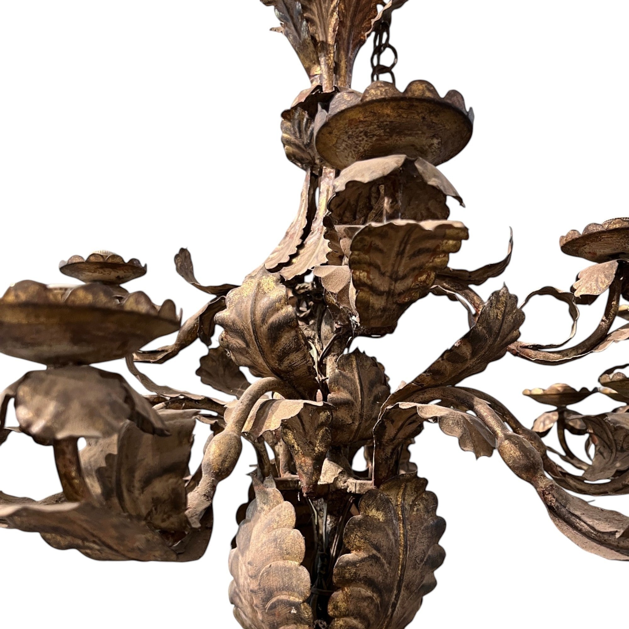 Tara Shaw 18th century Piemontese tole chandelier with aged gold patina, floral metal leaves, and ornate candle cups.