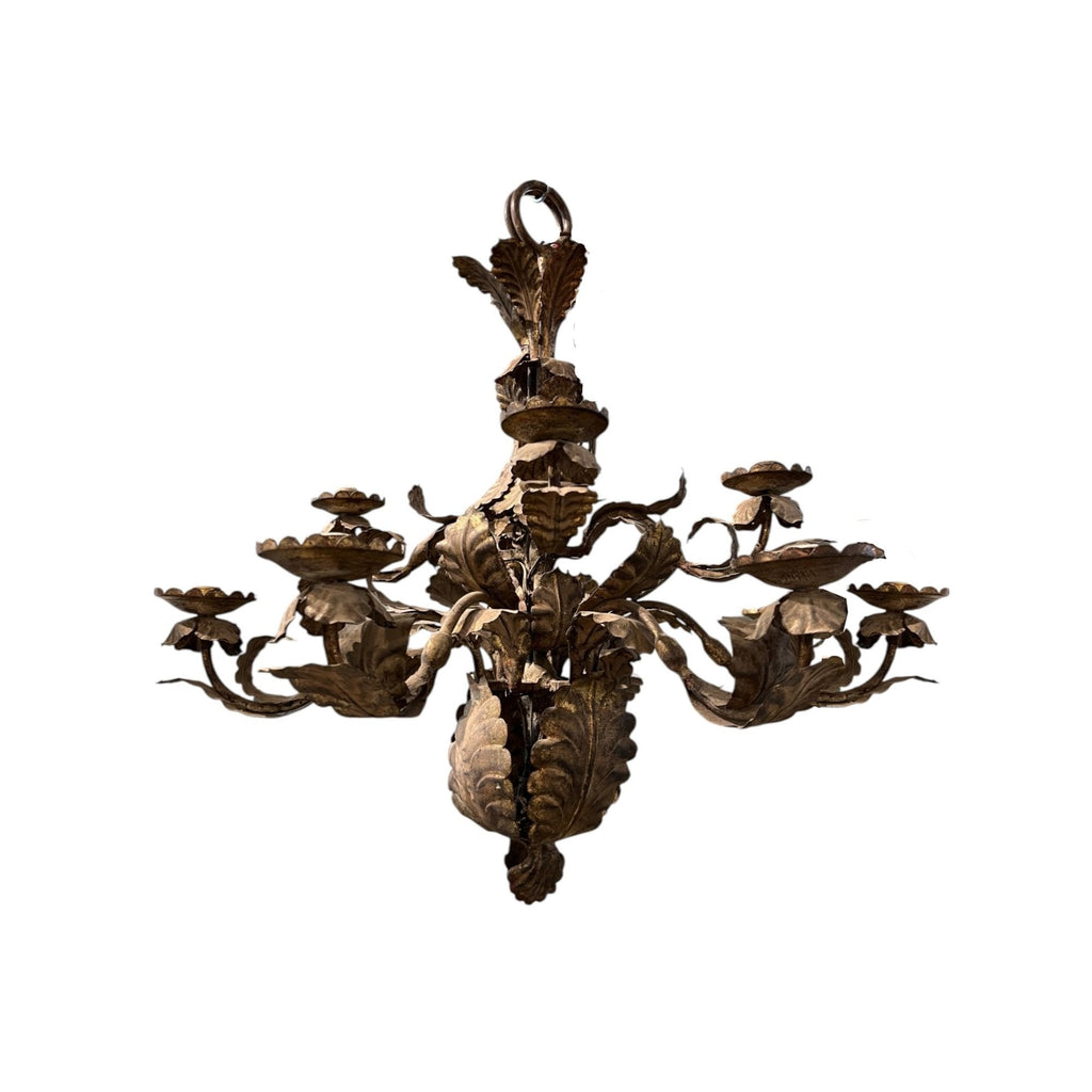 Tara Shaw 18th century Piemontese tole chandelier with aged patina, floral motifs, and graceful metal arms.