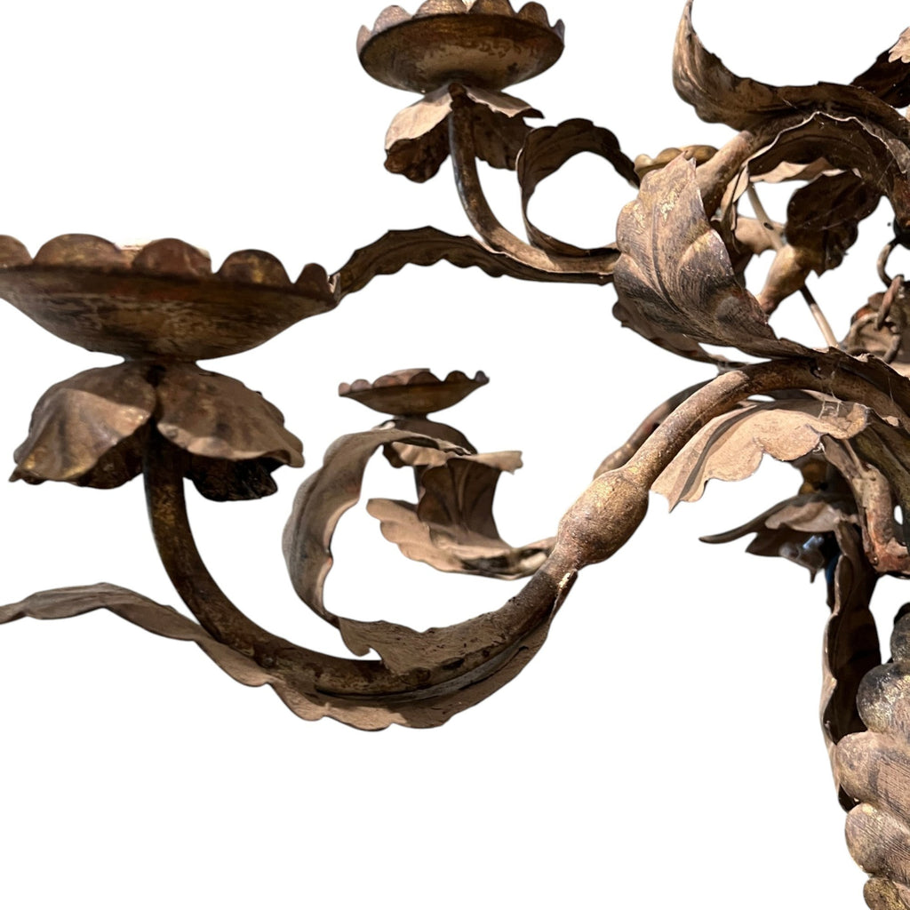 Tara Shaw 18th century Piemontese tole chandelier with aged patina, floral metal arms, and candle cups.