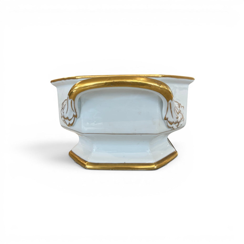 Tara Shaw 19th century European white porcelain jardiniere with ornate gold gilt handles and base trim.