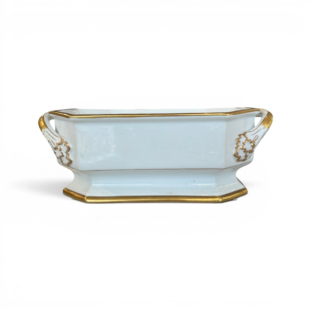 Tara Shaw 19th century European white porcelain jardiniere with elegant hand-painted floral motifs and gold gilding.