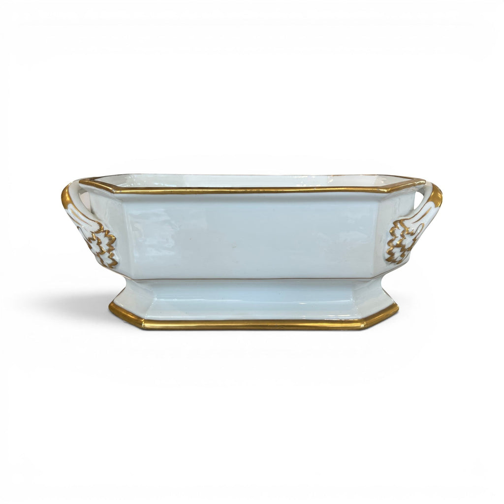 Tara Shaw 19th century European porcelain jardiniere with white finish and elegant gold gilt detailing on handles and base.