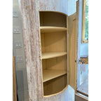 Tara Shaw 18th century Swedish Baroque corner cabinet in solid wood with a distressed aged patina and interior shelving.
