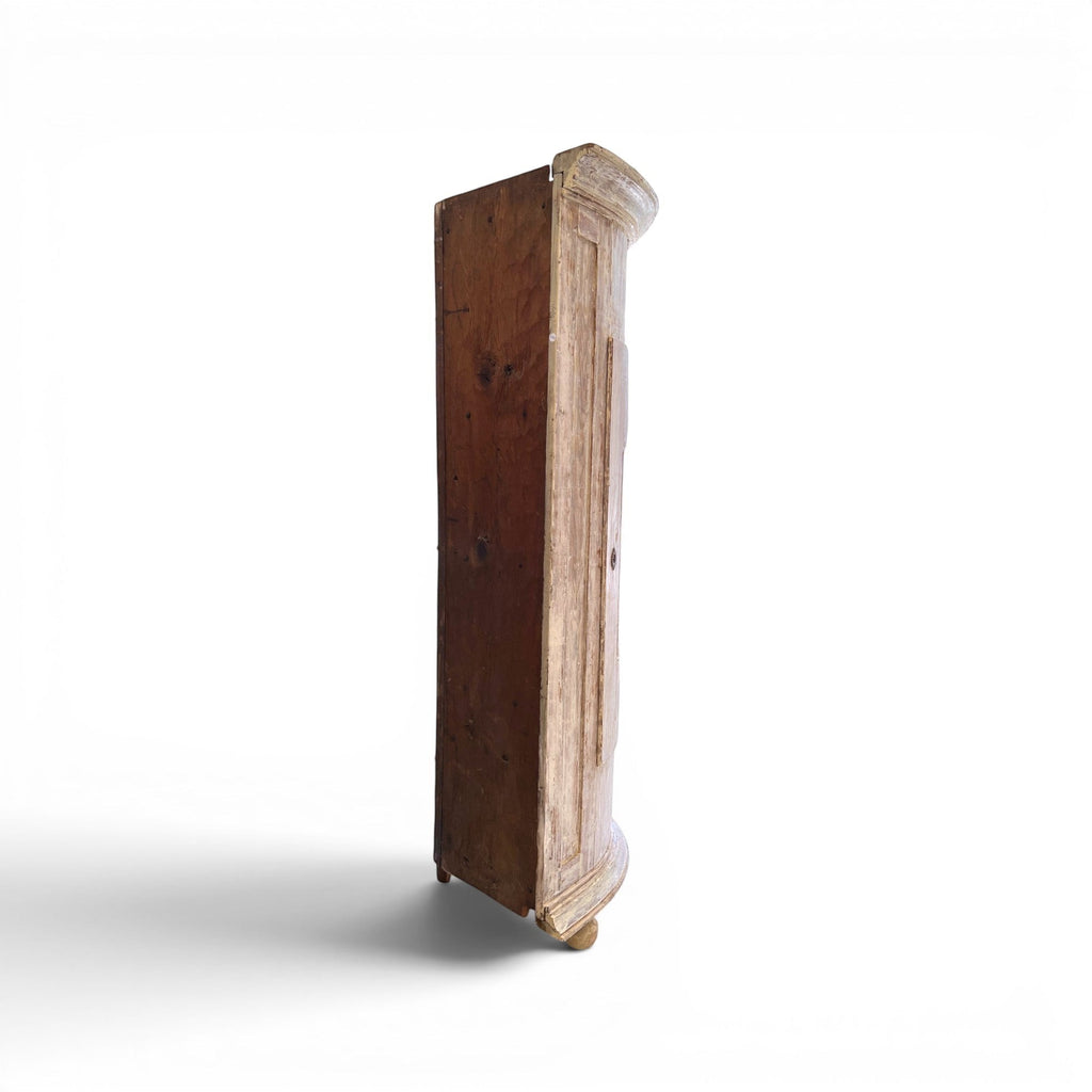 Tara Shaw 18th century Swedish Baroque solid wood corner cabinet with a weathered patina and architectural design.