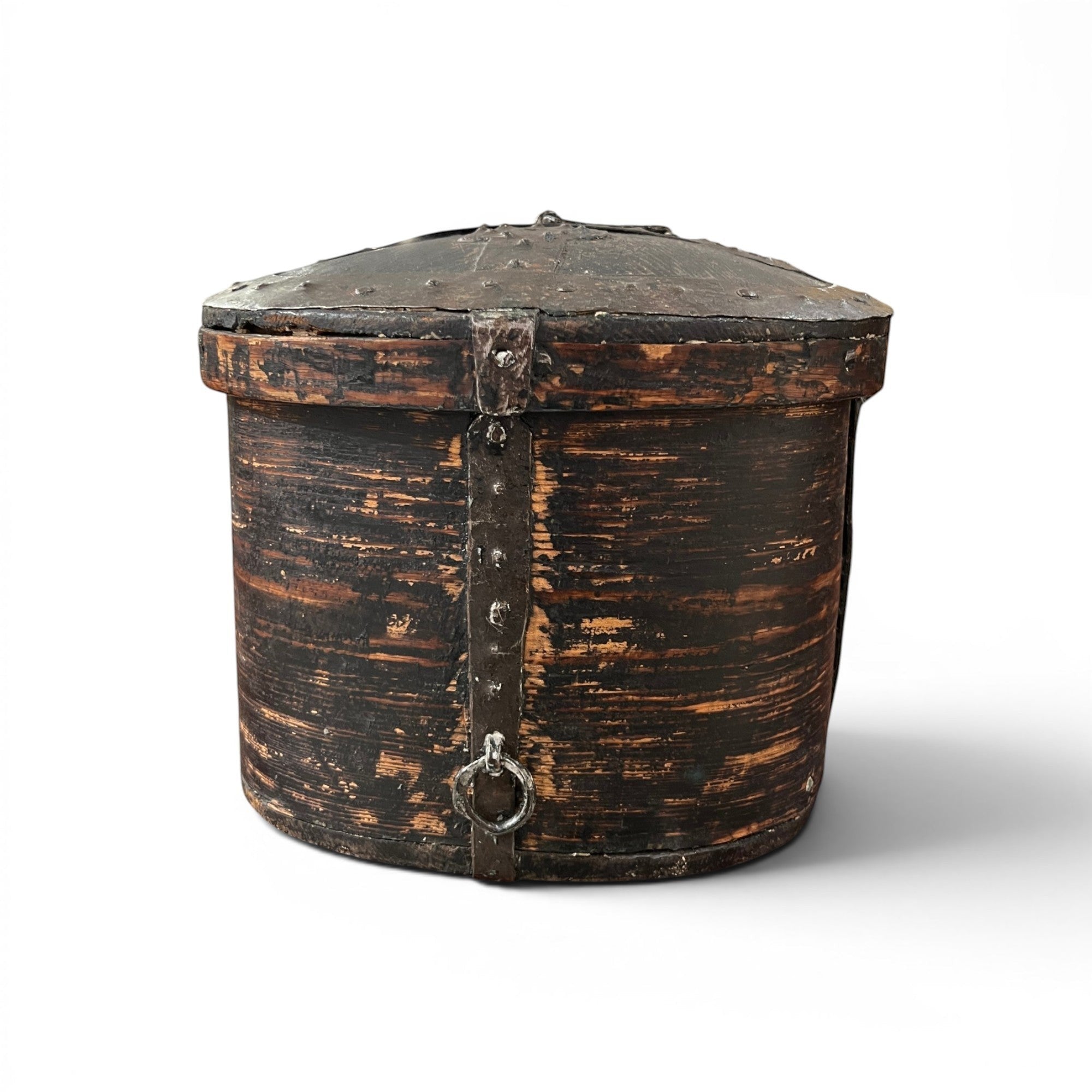 Tara Shaw 18th-century Swedish wooden box with a distressed black painted finish, metal hardware, and aged patina.