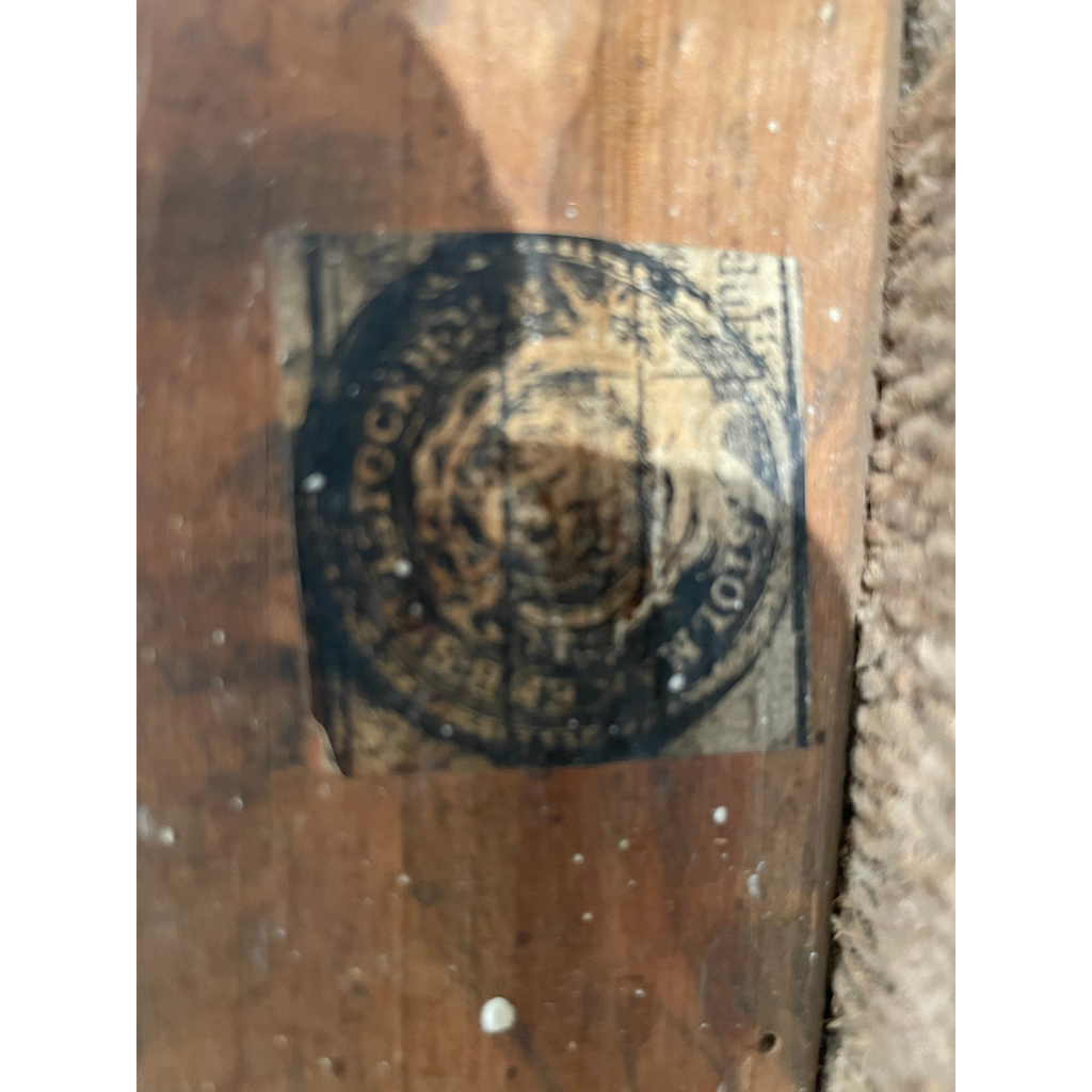 Tara Shaw 18th century Swedish chair maker stamp on aged wood frame