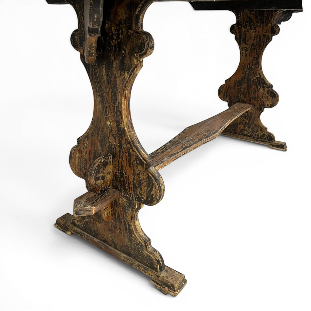 Tara Shaw 18th century Swedish drop leaf table with a weathered patina and ornate wooden trestle base