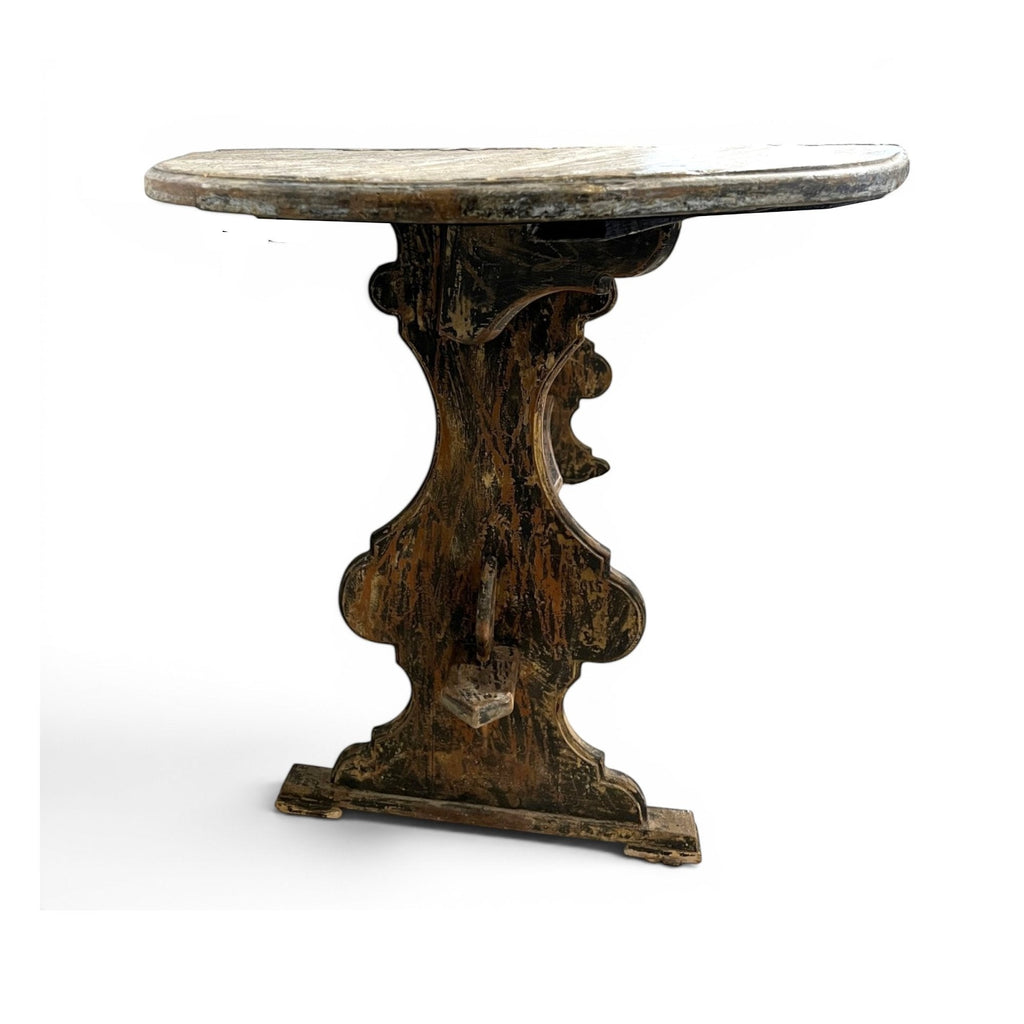 Tara Shaw 18th century Swedish drop leaf table with a weathered wooden patina and elegant carved pedestal base.