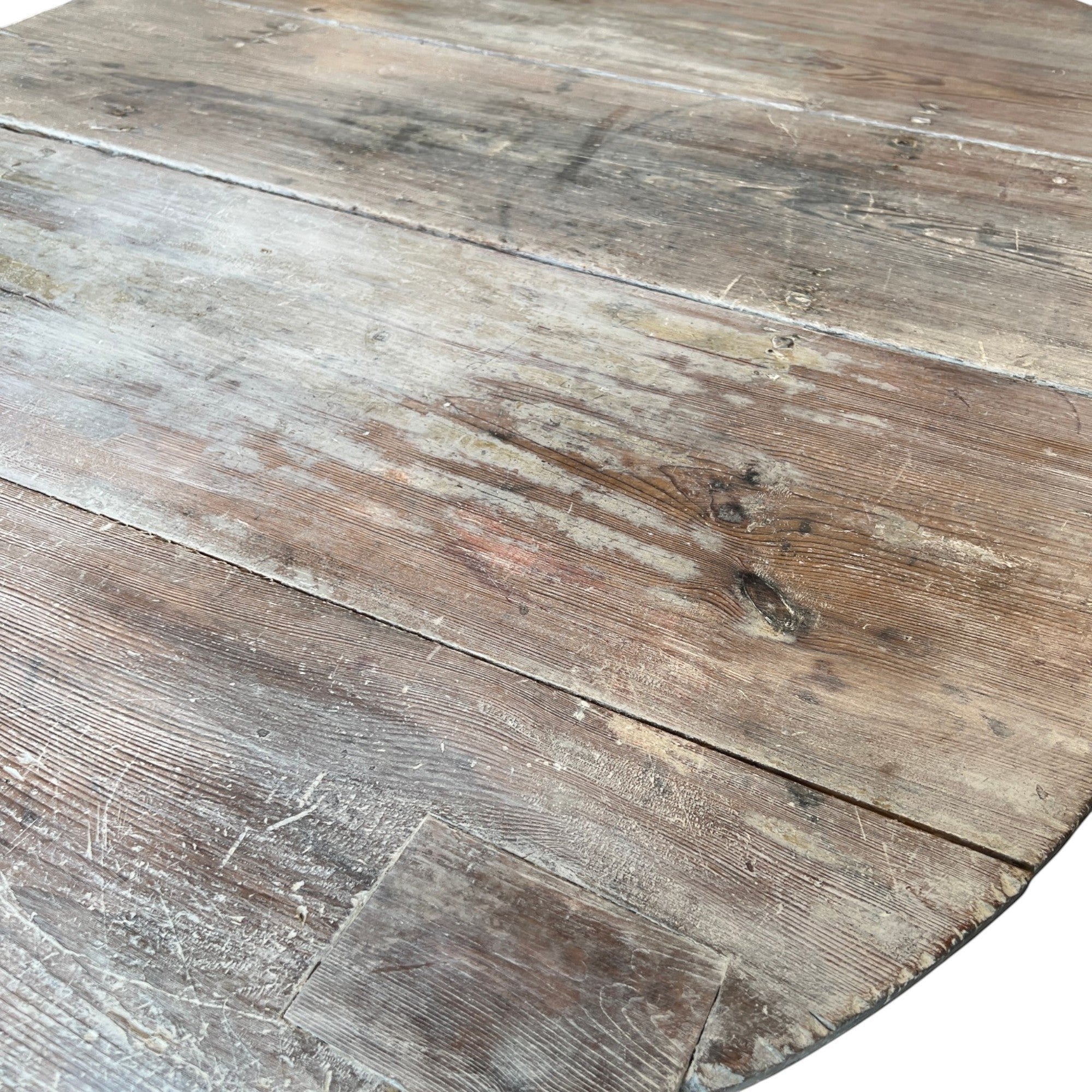 Tara Shaw 19th-century Swedish drop leaf table surface with a distressed grey painted finish and wood grain texture.