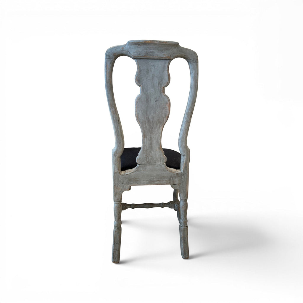 Tara Shaw 18th century Swedish Rococo chair with aged grey patina and dark upholstered seat, back view.