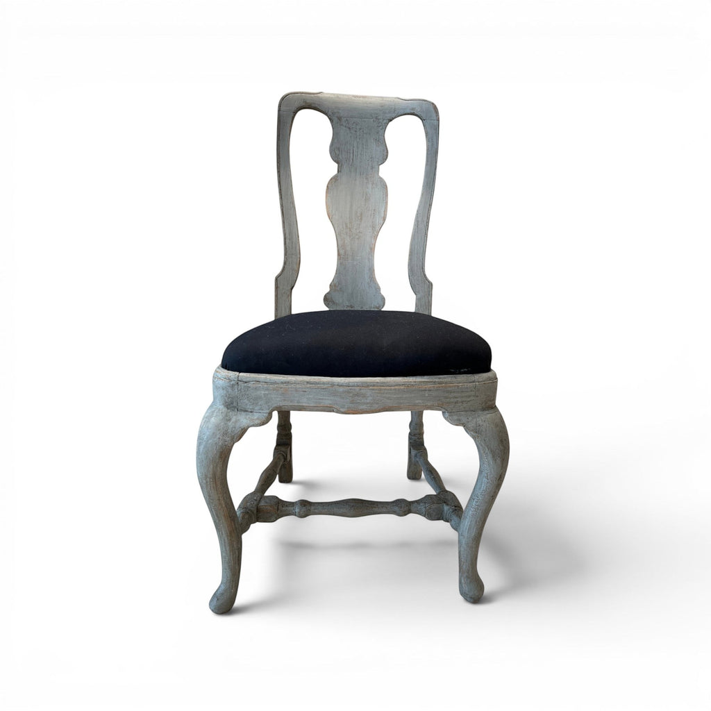 Tara Shaw 18th century Swedish Rococo dining chair with distressed grey wood frame and black upholstered seat