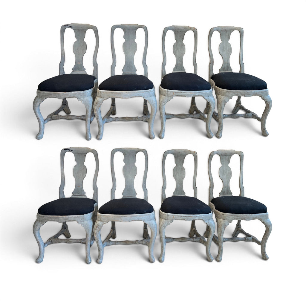 Tara Shaw set of eight 18th-century Swedish Rococo dining chairs with grey painted wood frames and black upholstered seats.