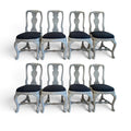 Tara Shaw set of eight 18th-century Swedish Rococo dining chairs with grey painted wood frames and black upholstered seats.