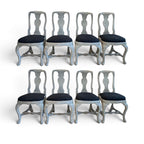 Tara Shaw set of eight 18th-century Swedish Rococo dining chairs with grey painted wood frames and black upholstered seats.